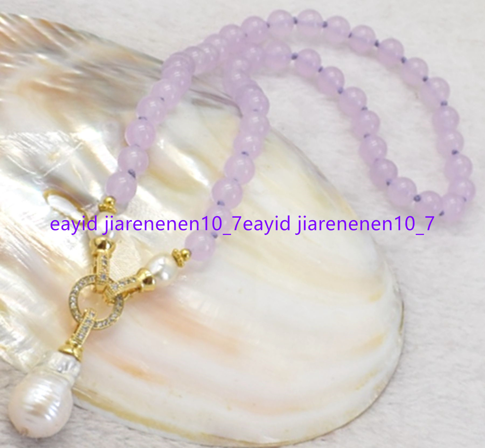 10mm Lavender Jade Round Beads & White Baroque Pearl Pendant Necklace 16-28 in