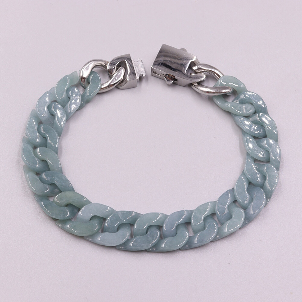 Real Grade A Natural Blue Jade Bracelet Jadeite Cuban Curb Link Chain 5.9-9.4in