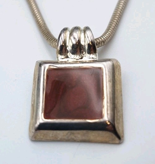 Silvertone Square Enamel Inlay Pendant Charm Necklace Round Snake Chain 16″-19″