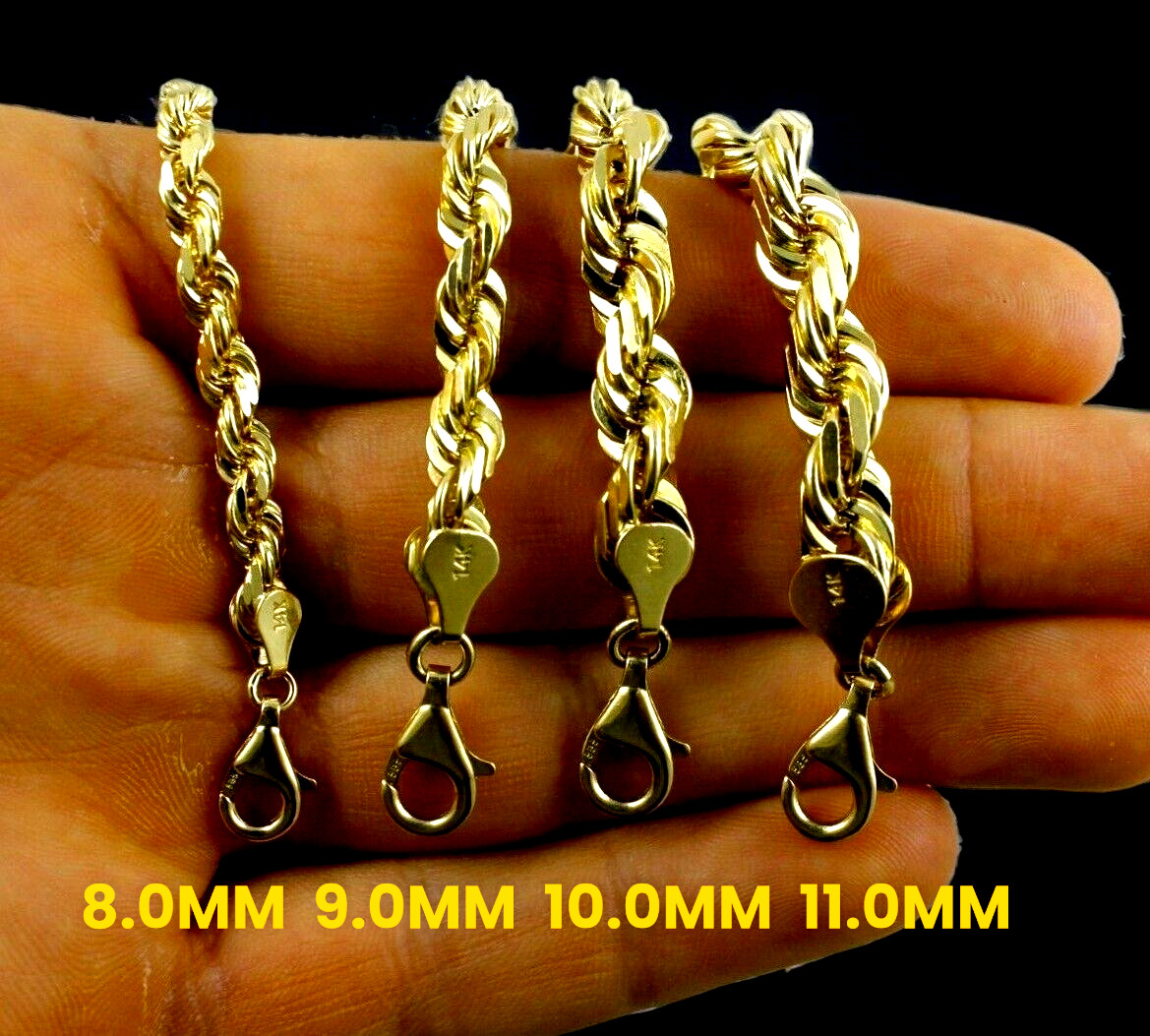14K Yellow Gold SOLID Rope Chain Bracelet Diamond Cut Real Gold 1mm-12mm 7″-9″