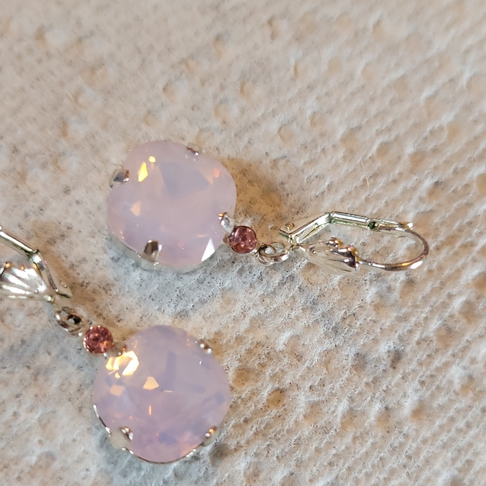 Pink Round Crystal Prong Set Leverback Dangle Drop Earrings Silver Tone