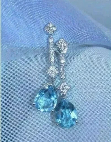 3.00Ct Pear Cut Simulated Aquamarine Drop/Dangle Earrings 14K White Gold Plated
