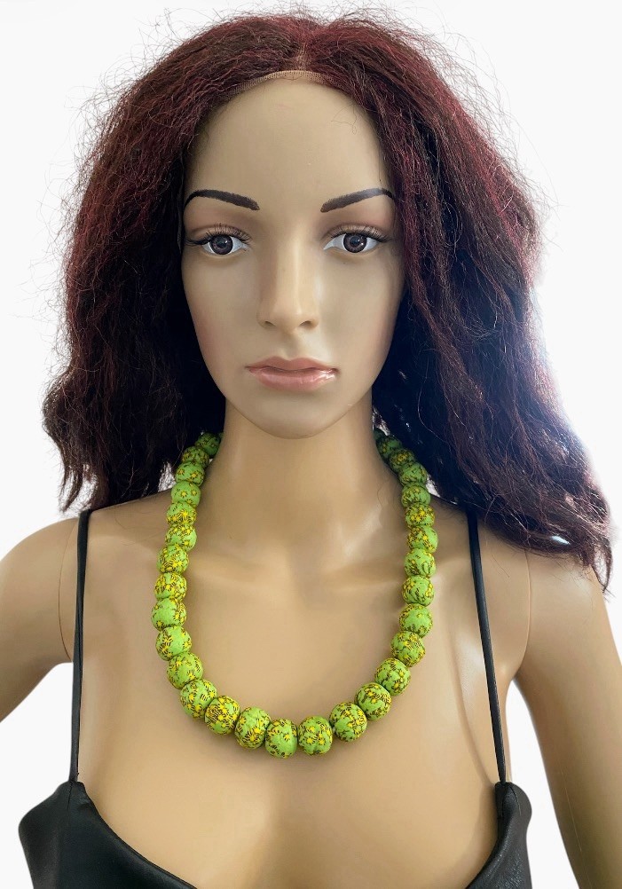 Handmade African Green Recycled Chunky Glass Beaded Necklace 22.5in