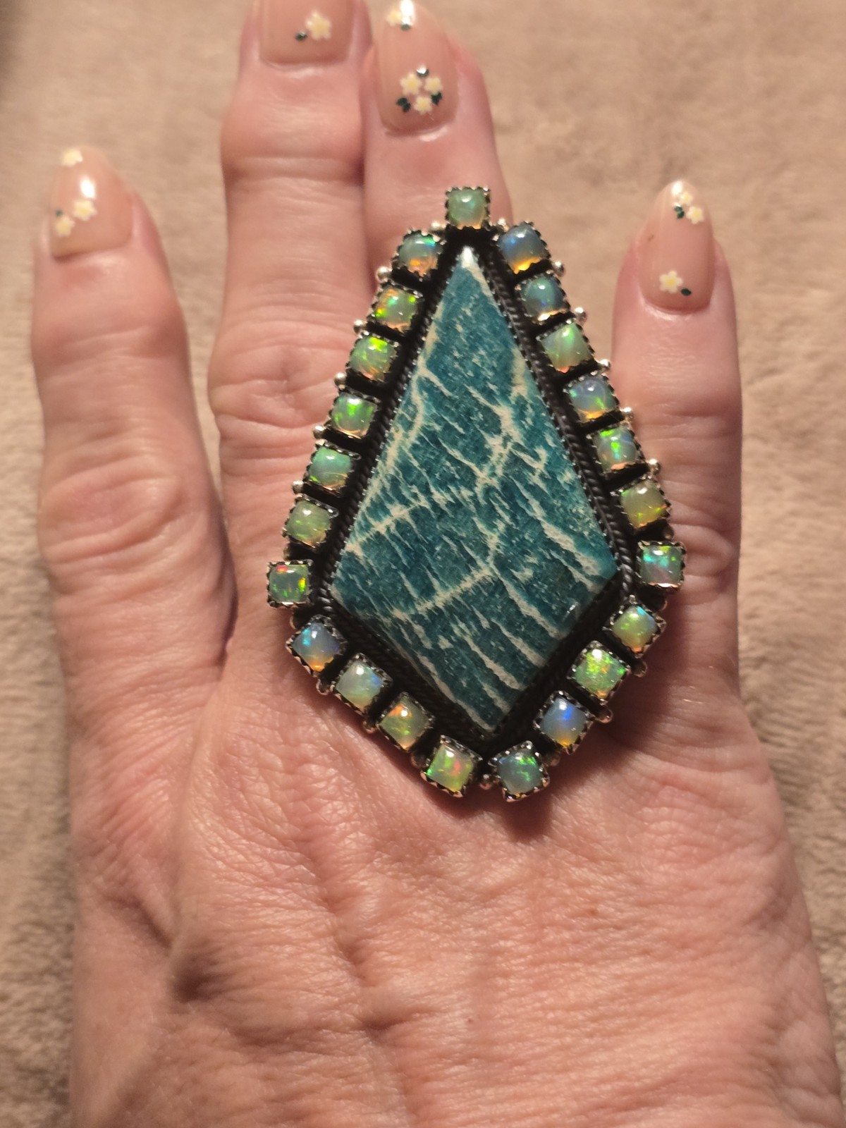 Massive Amazonite & Opal Gemstone Sterling Silver Adjustable Kite Ring
