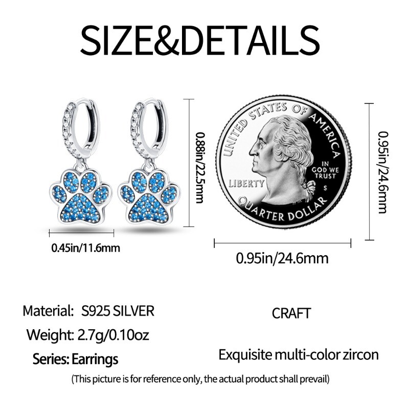KUNSIR 925 Sterling Silver Blue Mini Paw Drop Hoop Earrings For Women Jewelry