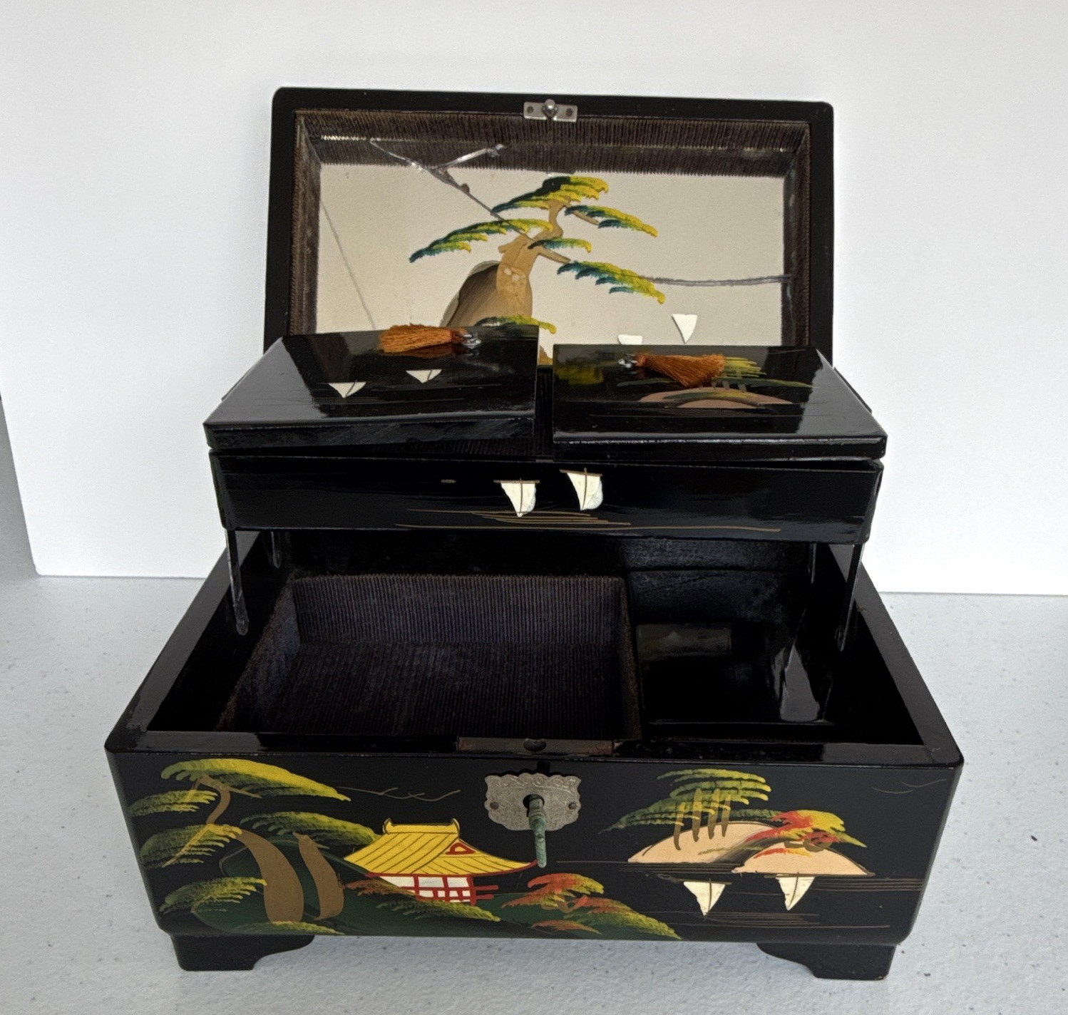 Vintage Electra Japanese Jewelry Box, Lined Mirror, Lockable, Key Included