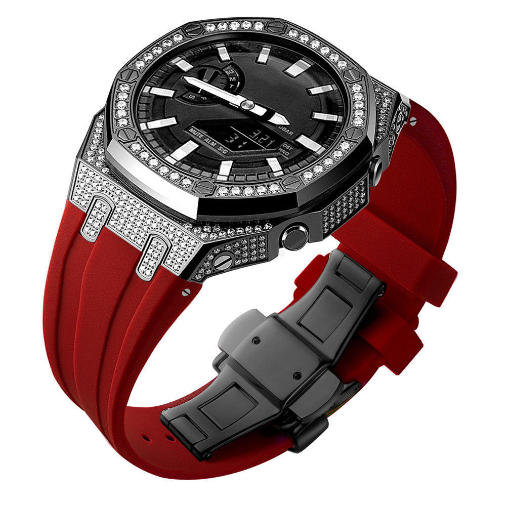Bling Diamond Stainless Steel Case + Rubber Strap AP MOD KIT for G-SHOCK GA-2100
