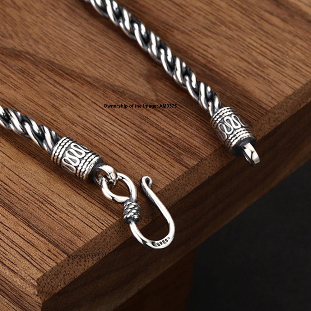 Pure 925 Sterling Silver 4mm Round Rope Link Bracelet Vintage Style 7.9inch