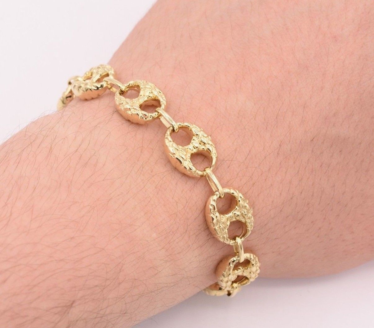 12mm Puffed Mariner Anchor Nugget Textured Chain Bracelet Real 10K Yellow Gold