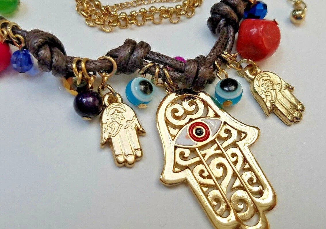 Good Luck Protection HAMSA HAND EVIL EYE Womens BIG GOLD CHARM BEAD BRACELET NEW