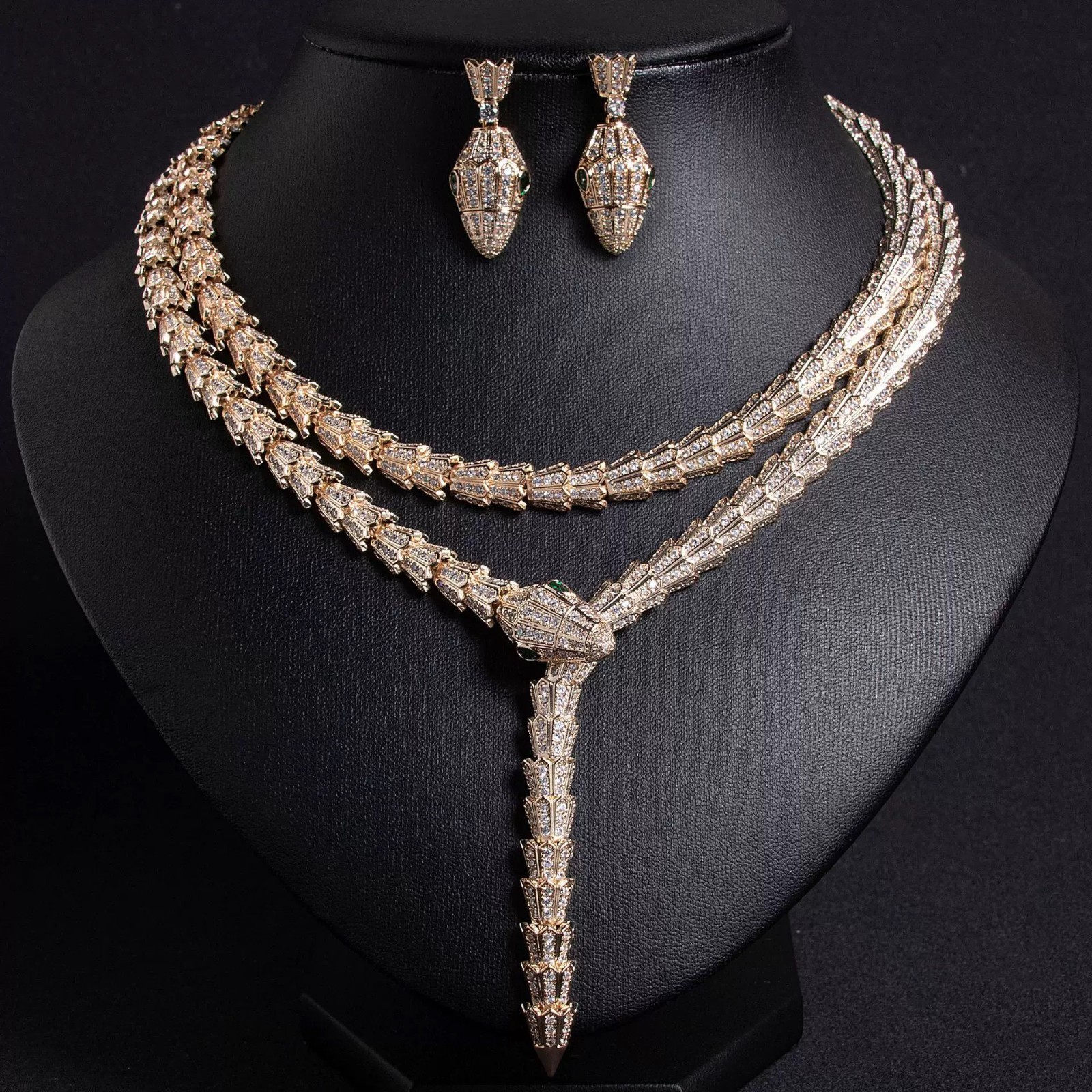 Gold Layered Statement Necklace Earrings Set Snake Style Fashion Jewelry