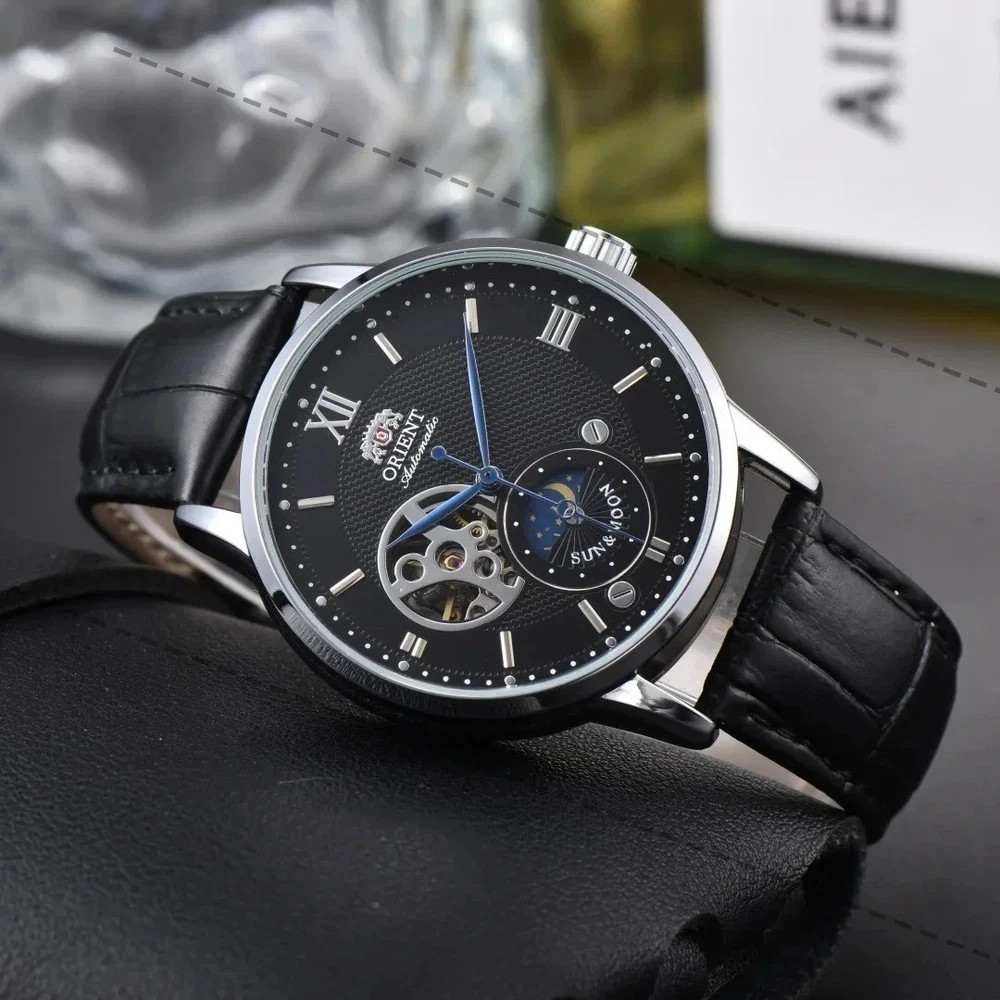 Sun & Moon Semi-Skeleton Automatic Men’s Watch – Leather Strap Luxury Gift
