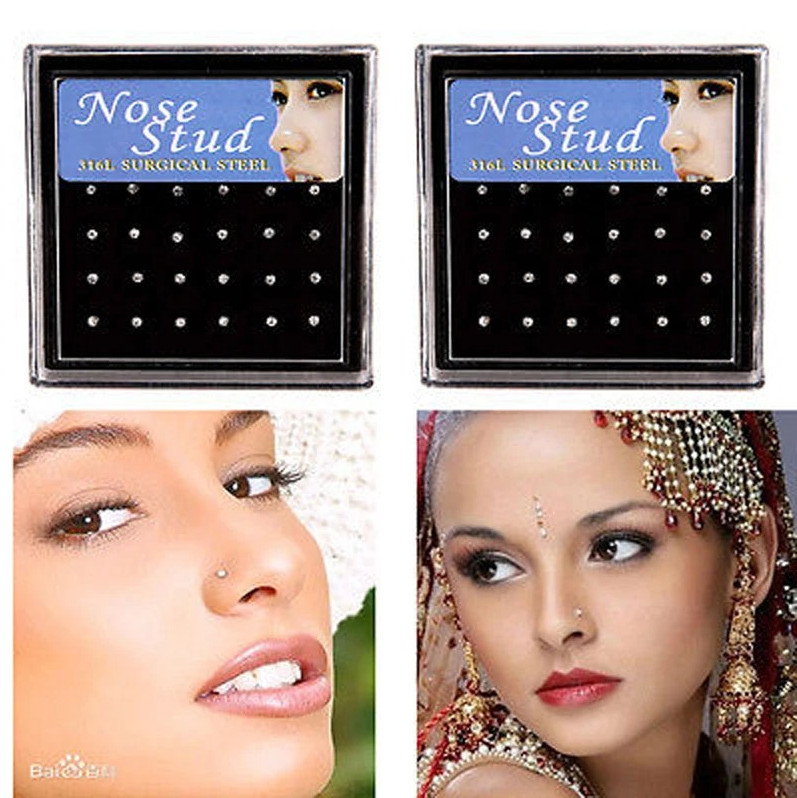 24pcs Crystal Nose Rings & Studs for Women Stainless Steel Piercing Jewelry
