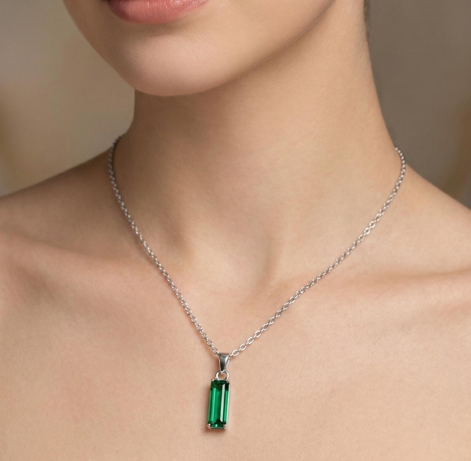 Emerald Baguette Cut Pendant Sterling Silver Necklace For man Women