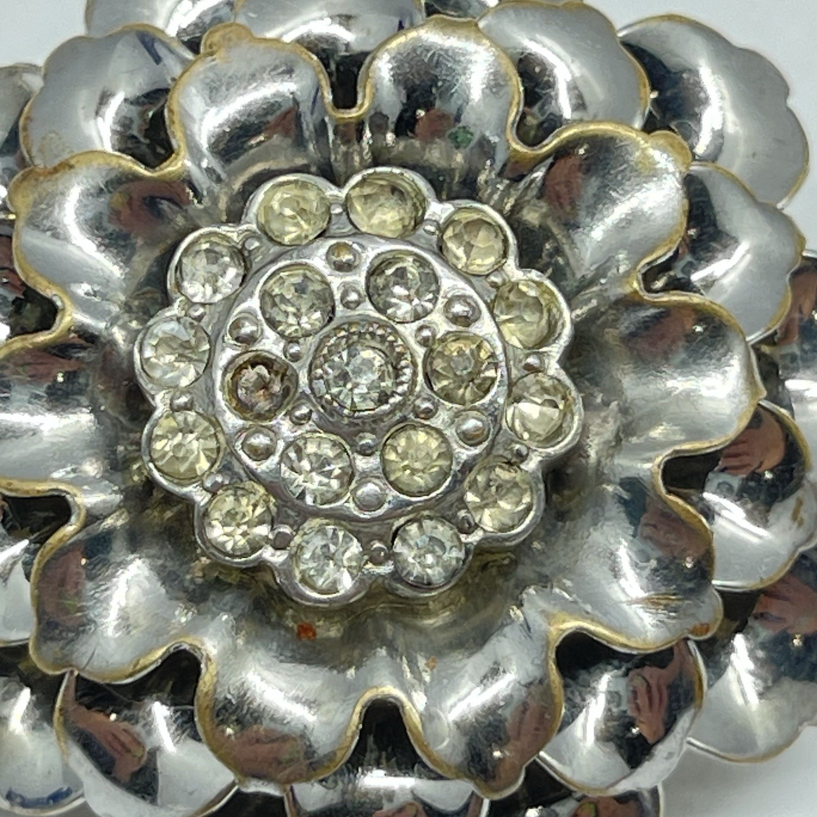 Brooch Silver Tone Flower Layered Petals Rhinestone Center No Mark -Flaw