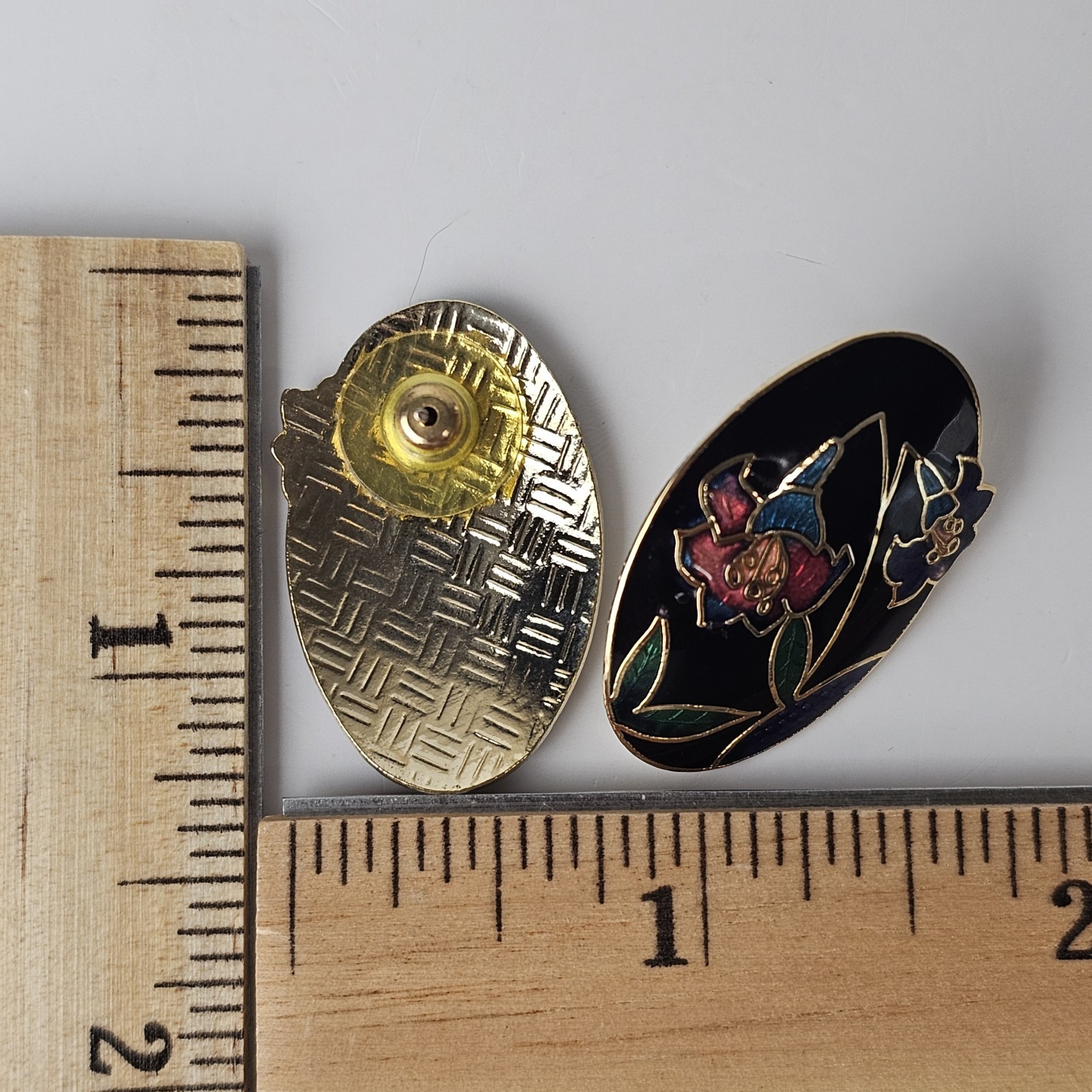 Vintage Cloisonne Enamel Lily Flowers Earrings Gold Tone Stud