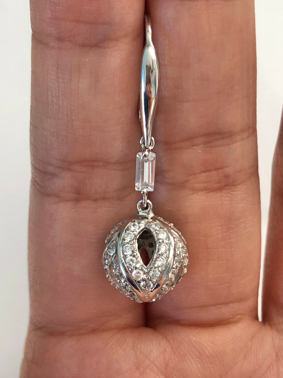 Unique Round & Baguette Clear CZ Spherical Shaped Style 925 Silver Earrings