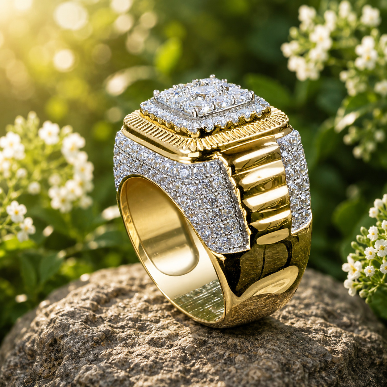 2.50Ct Natural Moissanite Cluster Men’s Engagement Ring 14K Yellow Gold Plated