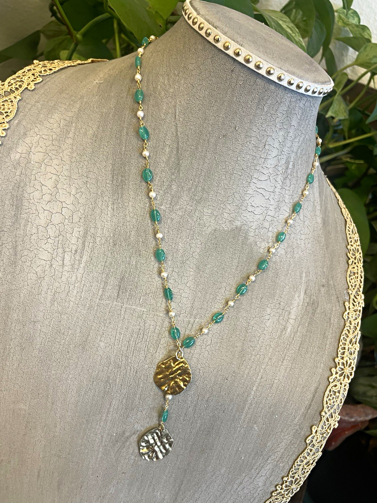 Green Aventurine Y-Drop Lariat Necklace w/ Brass Disc Charm Pendants Handmade