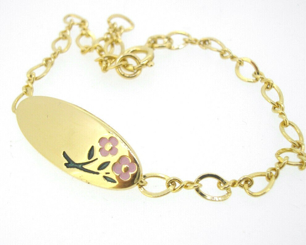 Bracelet Anson Goldtone Pink Flowers ID Identification Oval Plaque Link 7 1/4″