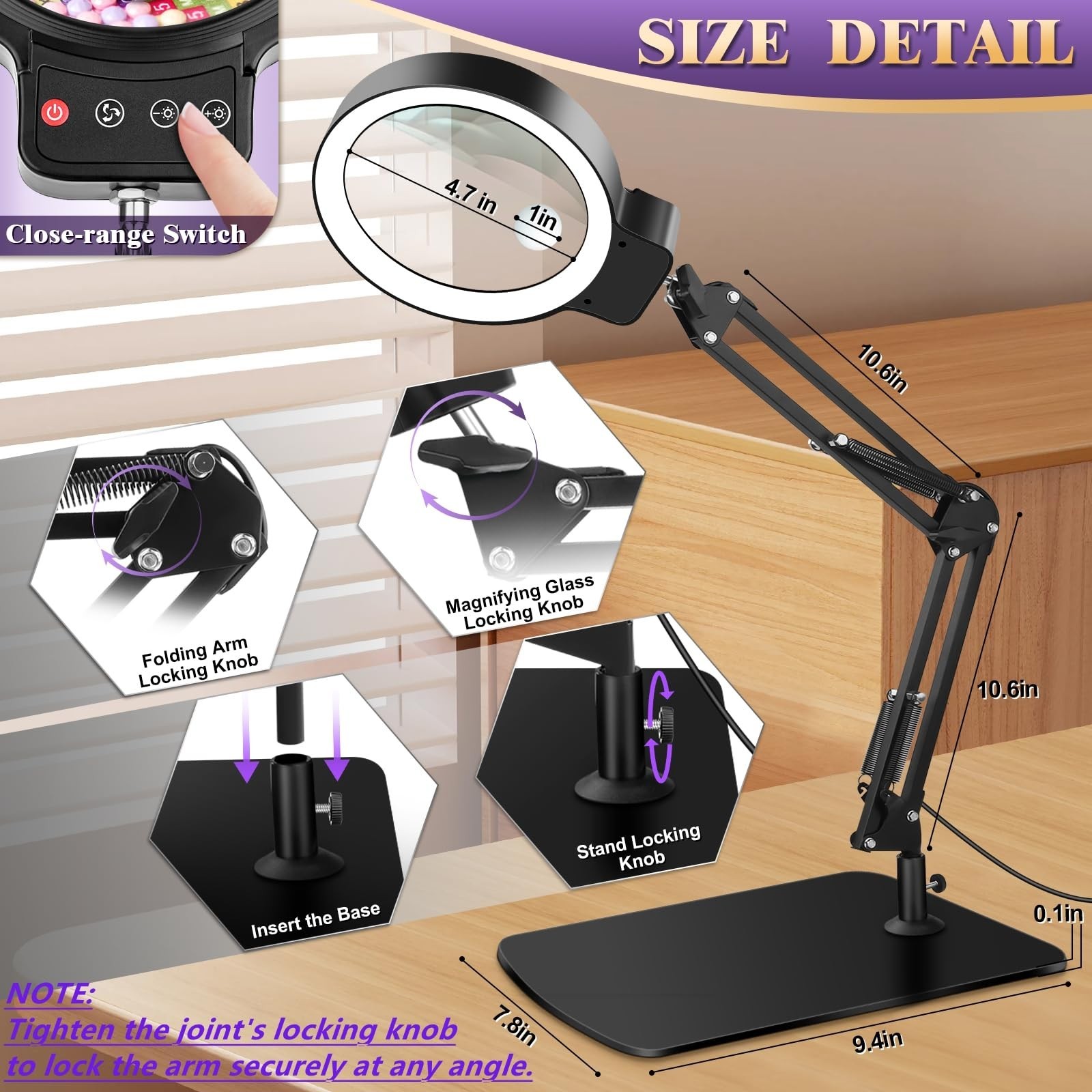 10X 30X Lighted Magnifying Glass with Stand & LED, 5-Inch Dimmable Desk Lamp for