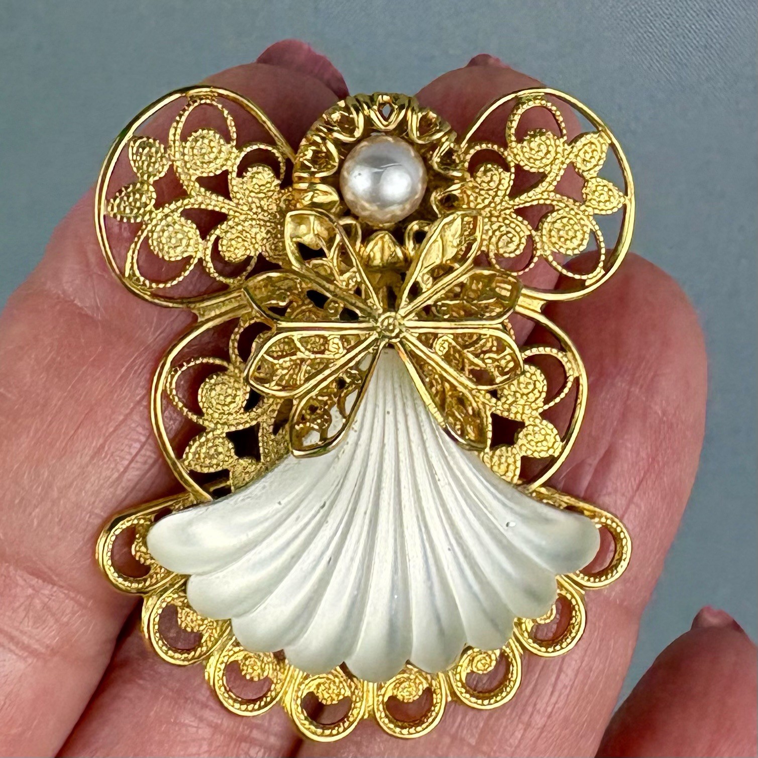 Vintage Frosted Glass Filigree Angel Brooch Pin Signed Jane