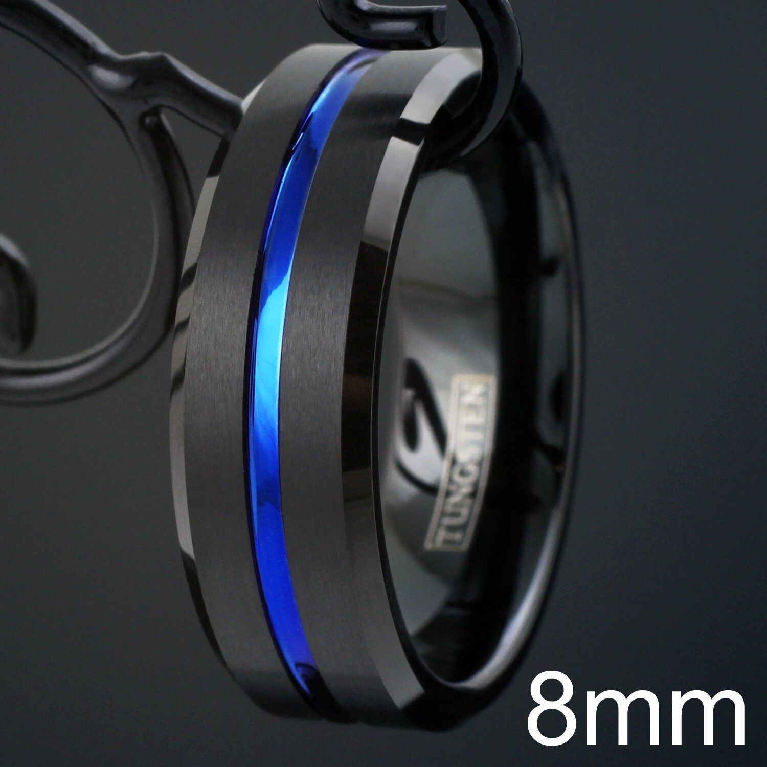 Black Tungsten Carbide Brushed Thin Blue Line Band Ring-Police Law Enforcement