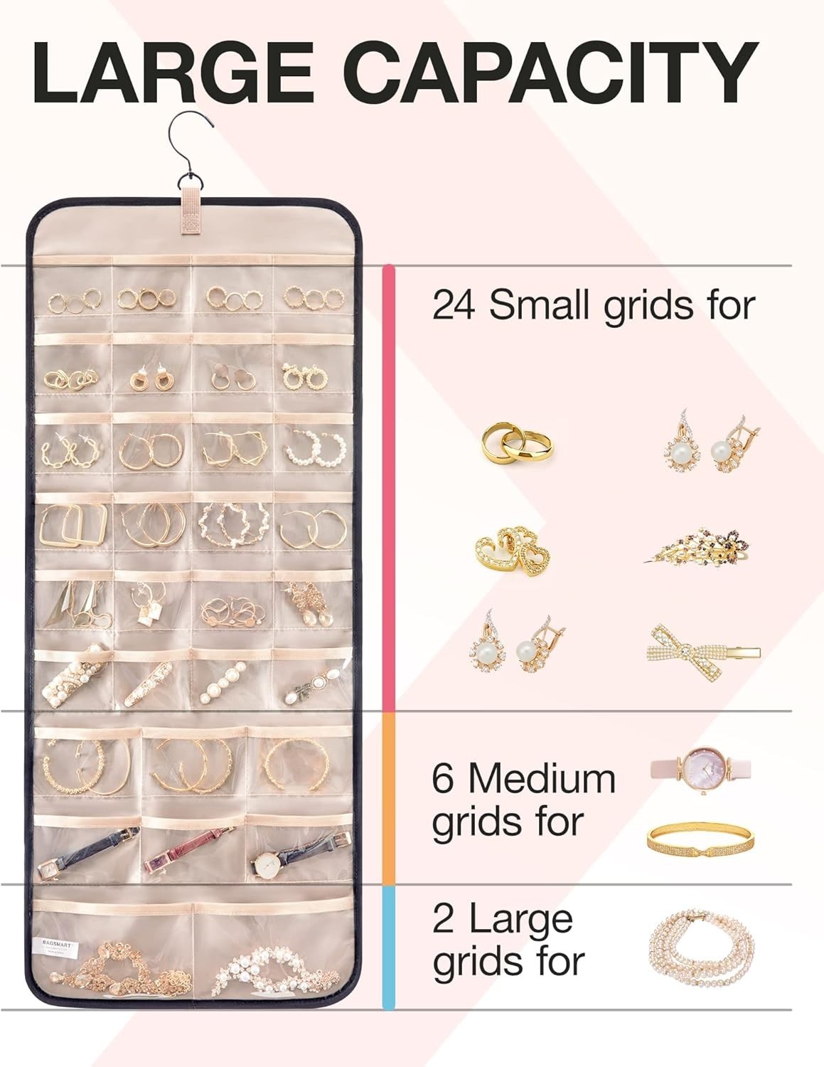 BAGSMART Hanging Jewelry Organizer Storage Roll Double-Sided Necklace Ring Black