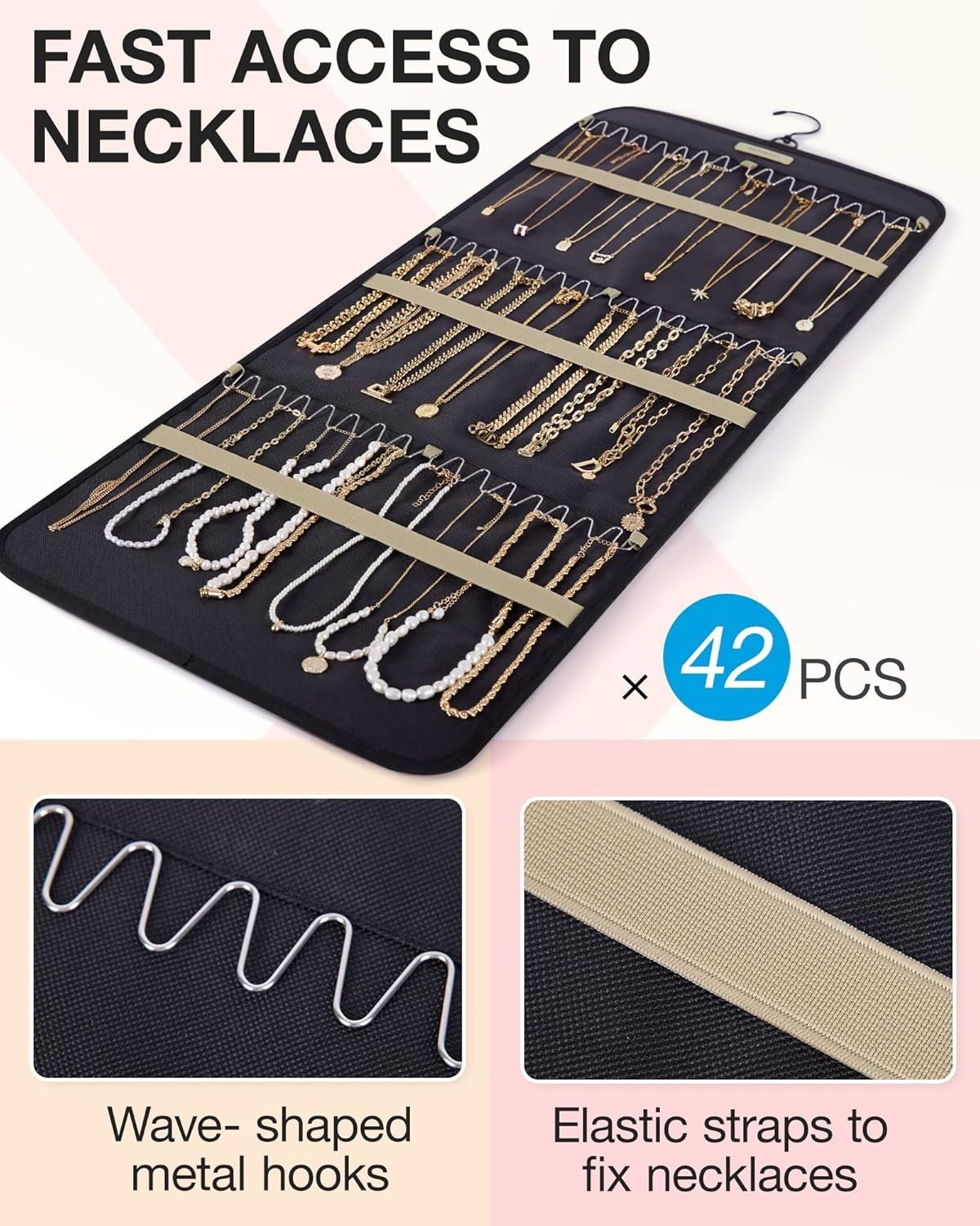 BAGSMART Hanging Jewelry Organizer Storage Roll Double-Sided Necklace Ring Black