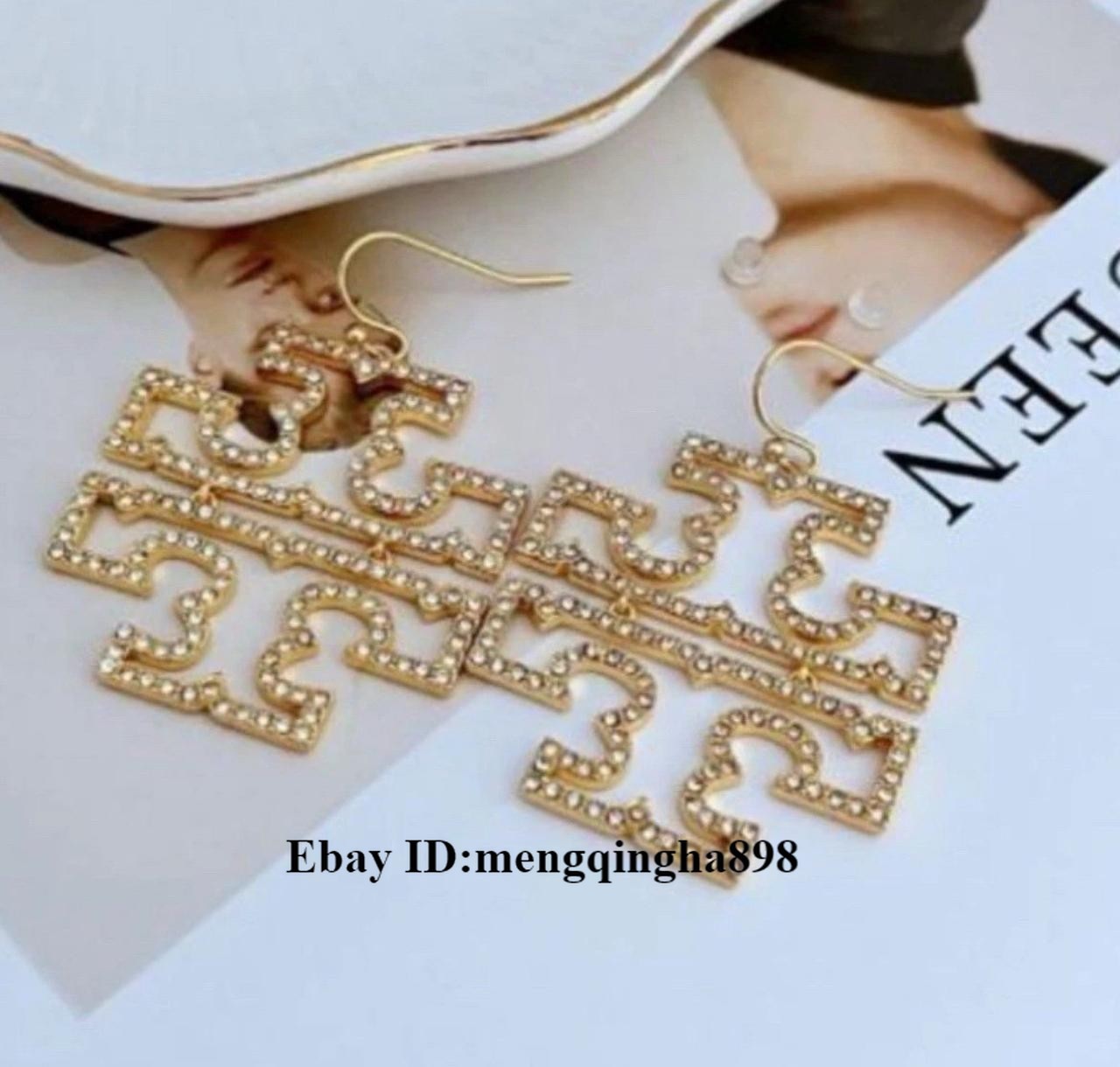 New Tory Logo DROP RINESTONE EARRING Large with Jewelry Pouch Size:4.8*3.5cm