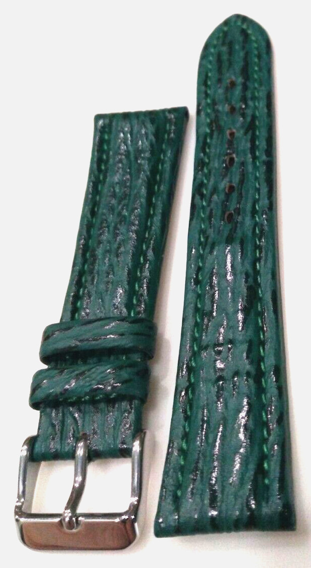 Green Genuine Shark Sharkskin 20mm Regular Padded Watch Band Silver Tone Buckle