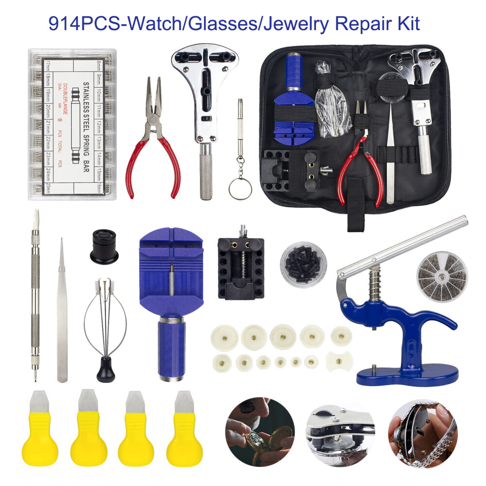 914pcs Watch Repair Tool Kit Spring Bar Tool Set Case Opener Watch Case Press US