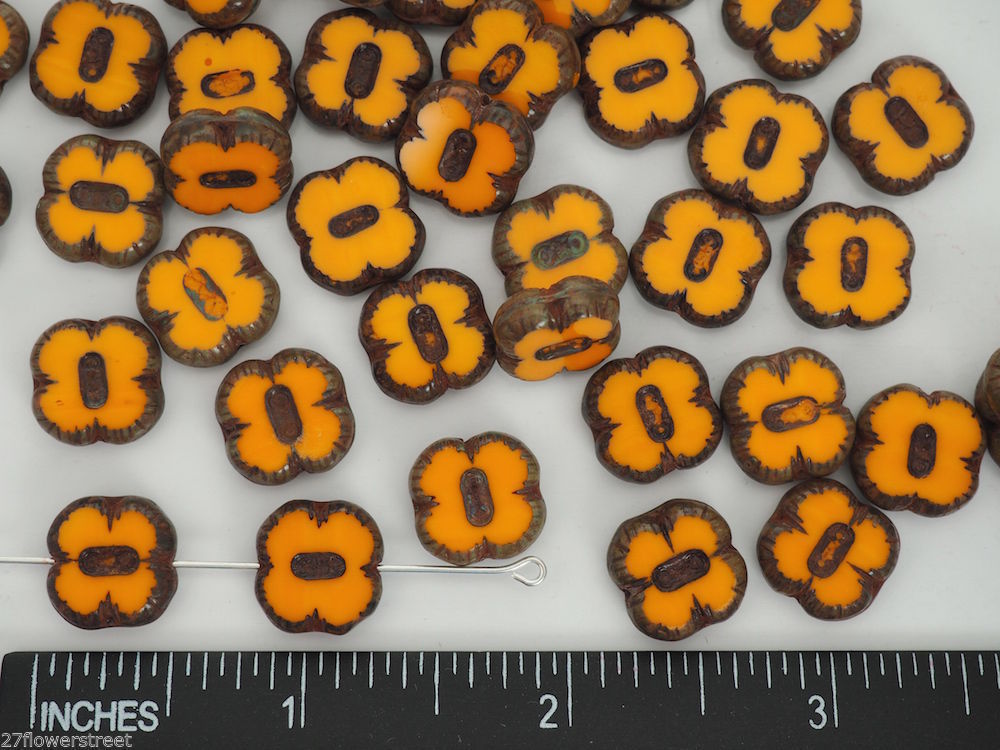 24 Czech Glass Table Cut Flower Window Beads 12mm Opaque Orange Picasso P101