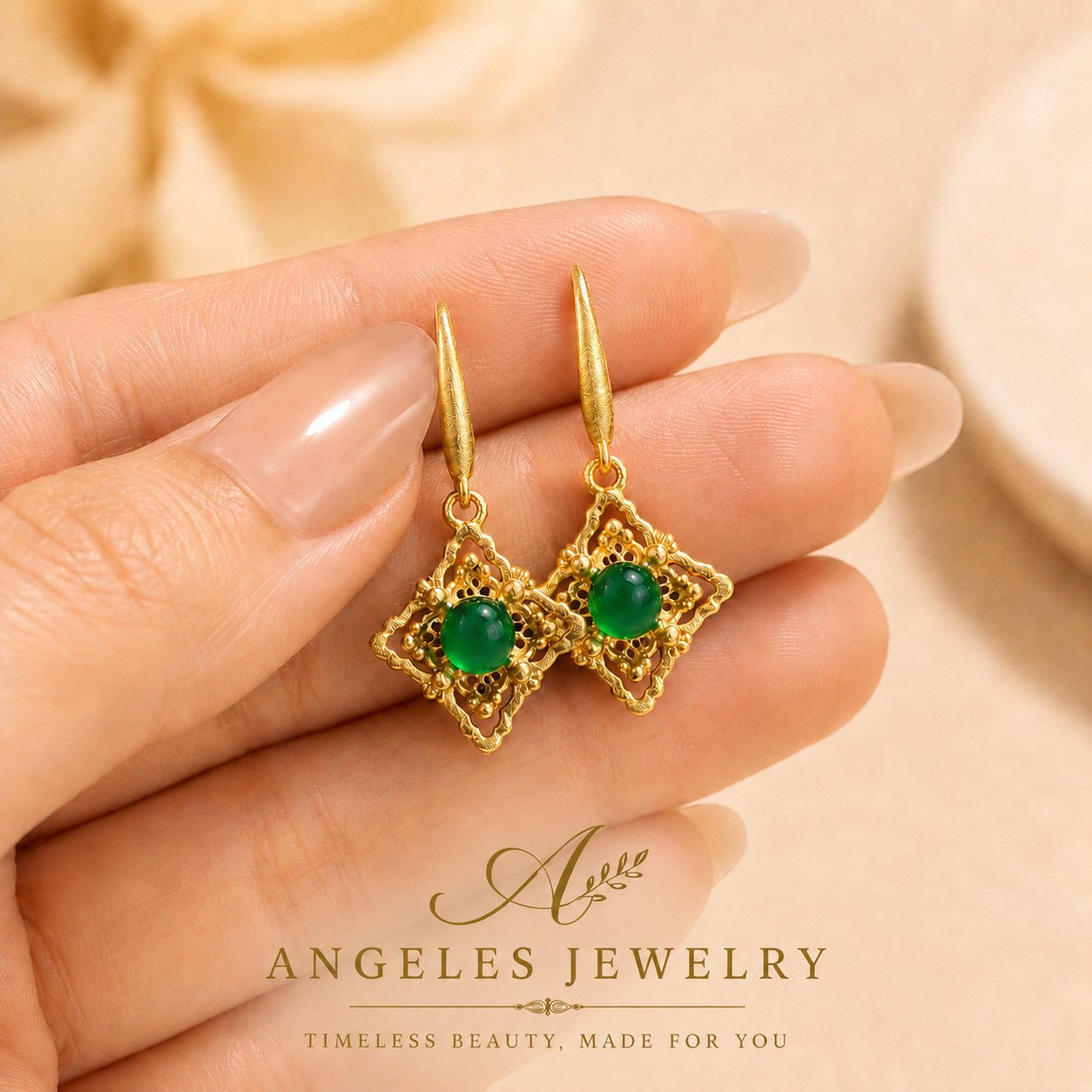 Green Jade Drop Dangle Earrings Hollow-carved Gemstone Ear Hook 18K Gold Plated