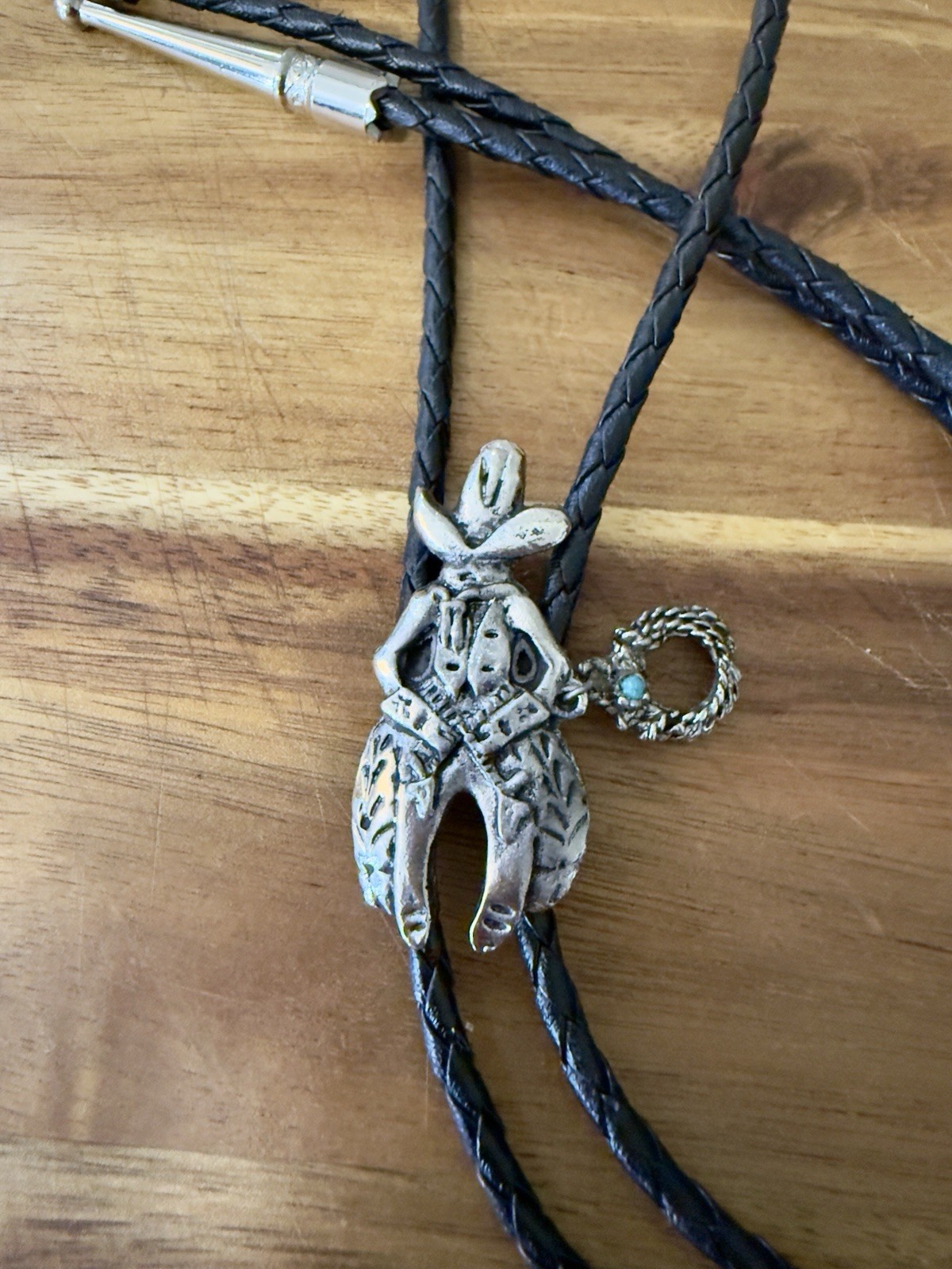 VTG Western Cowboy Bolo Tie Figure w/Lasso Rope , Turquoise Inlay, Leather Cord