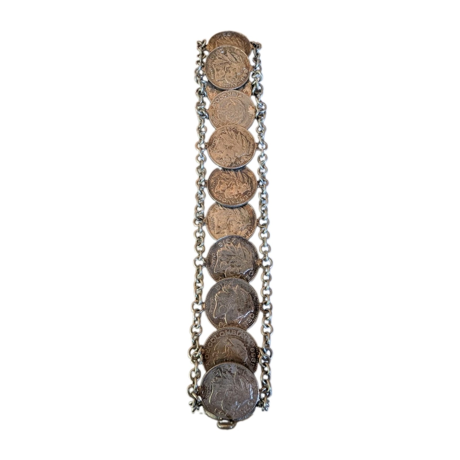 Coin Bracelet colombia centavos Diez Silver Color Vintage 7″ Chain 1950s Coins