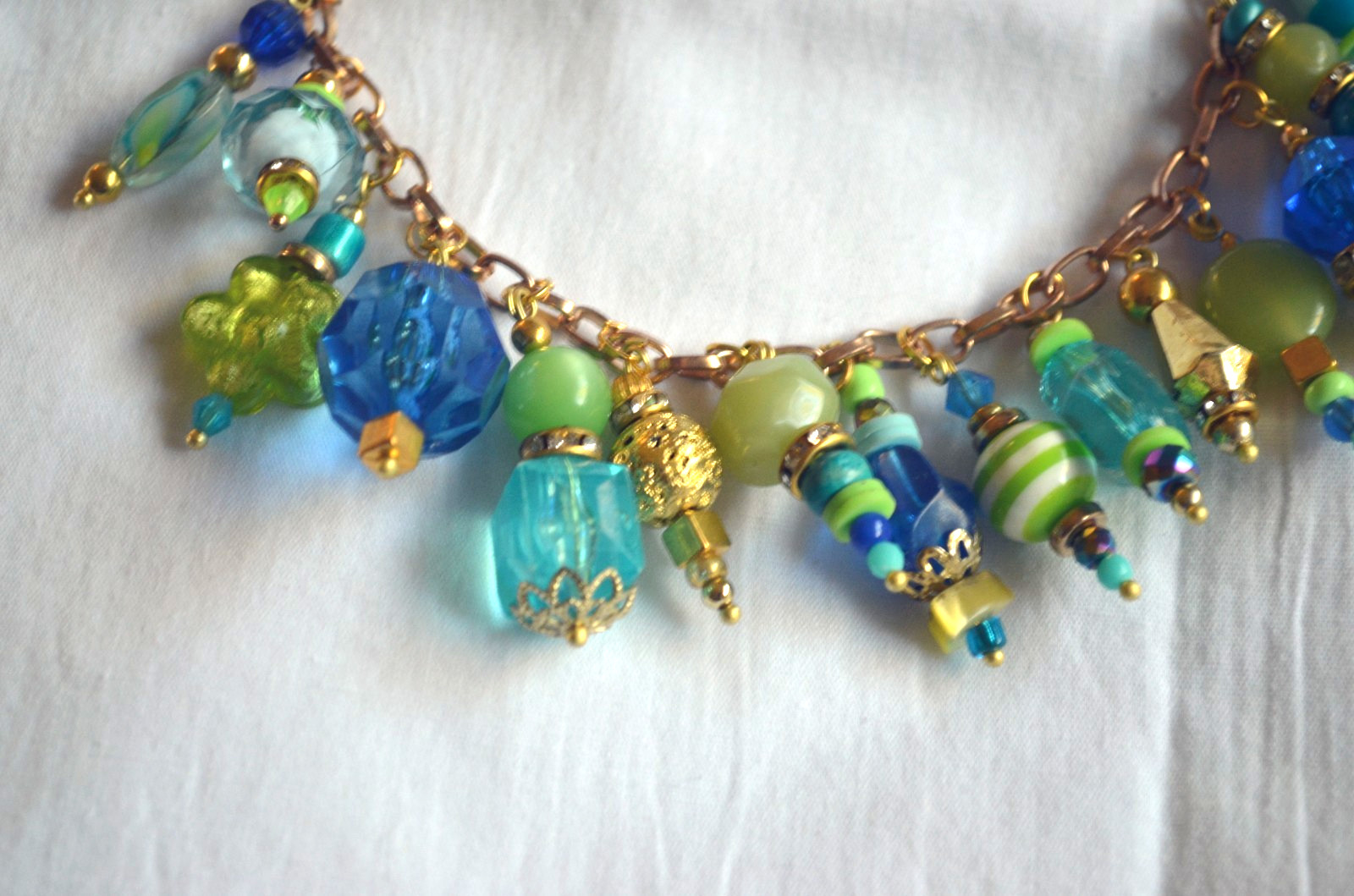 Blue Green Gold Beaded Charm Rhinestone Dangle Bracelet Handmade