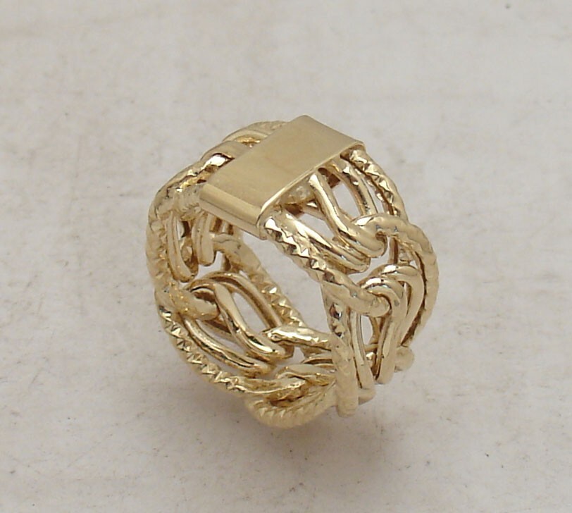 Size 8 Wide Diamond Cut Corinthian Link Curb Ring Real 14K Yellow Gold QVC