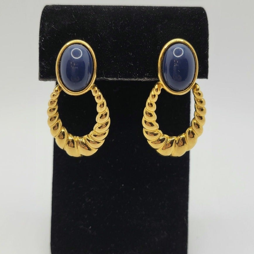 Vintage Signed Monet Door Knocker Earrings Oval Navy Blue Cabochon Goldtone 1990