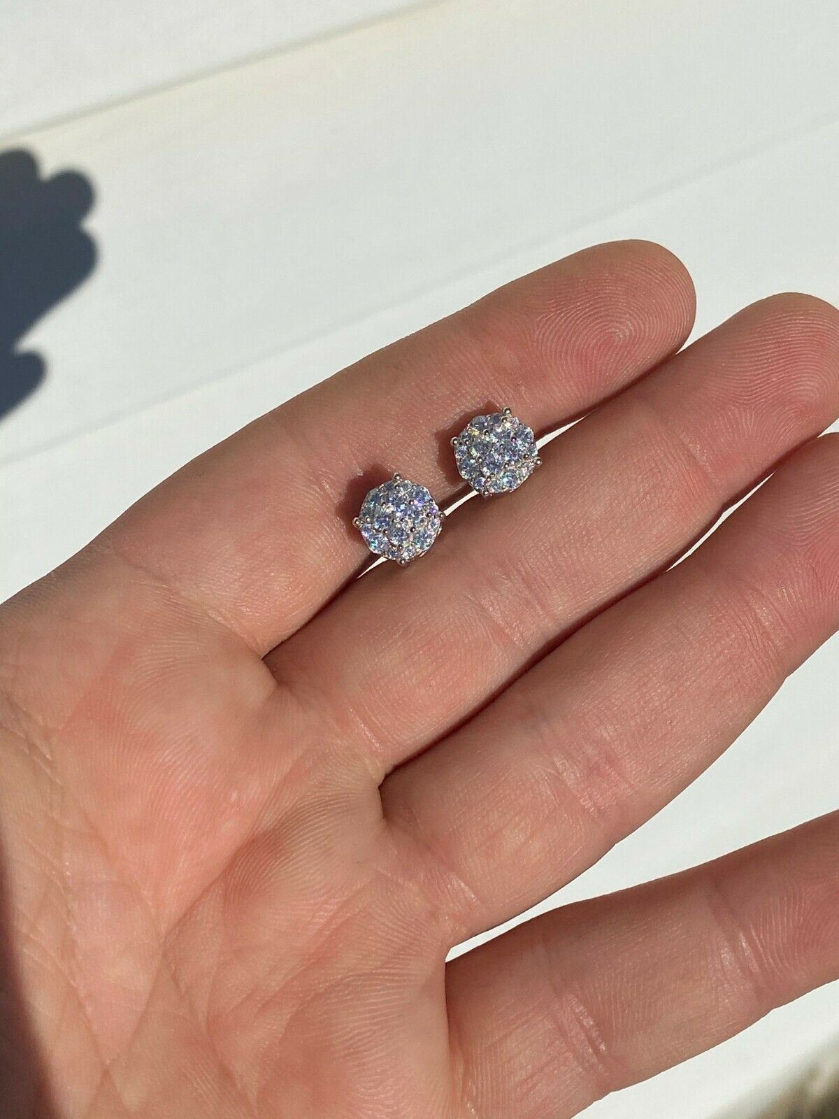 Real Solid 925 Silver Iced Simulated Diamonds Earrings 1/3″ Cluster Round Studs