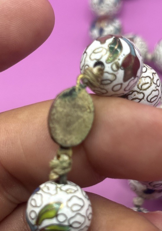 Vintage Chinese Cloisonne Bead Necklace White Enamel Floral Hand Knotted 27”