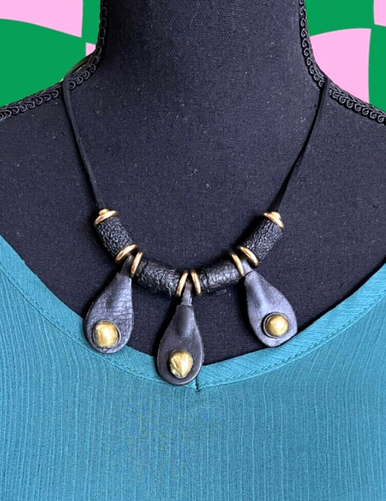 Art Nouveau Handmade necklace made of genuine leather and pearls for women &girl