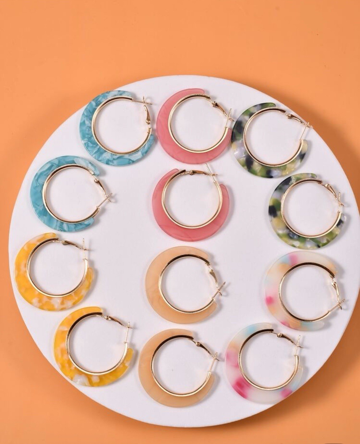 Multi Color Round Hoop Earrings Set Green Gold Pink Yellow Blue Acrylic Resin