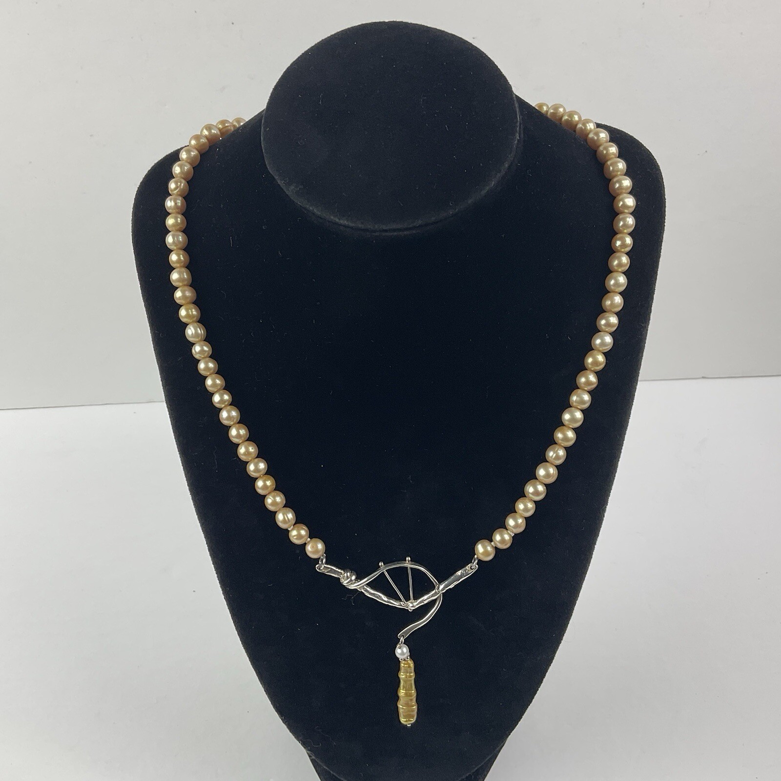 Artisan Sterling Silver Baroque Dangle Pendant Necklace Golden Pearl Near Round