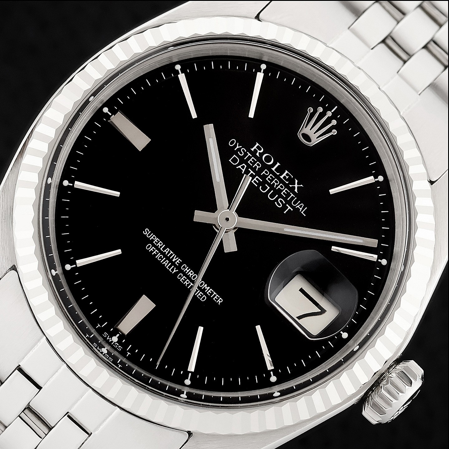 ROLEX DATEJUST 1601 18K GOLD STAINLESS STEEL BLACK DIAL FOLDED BAND WATCH