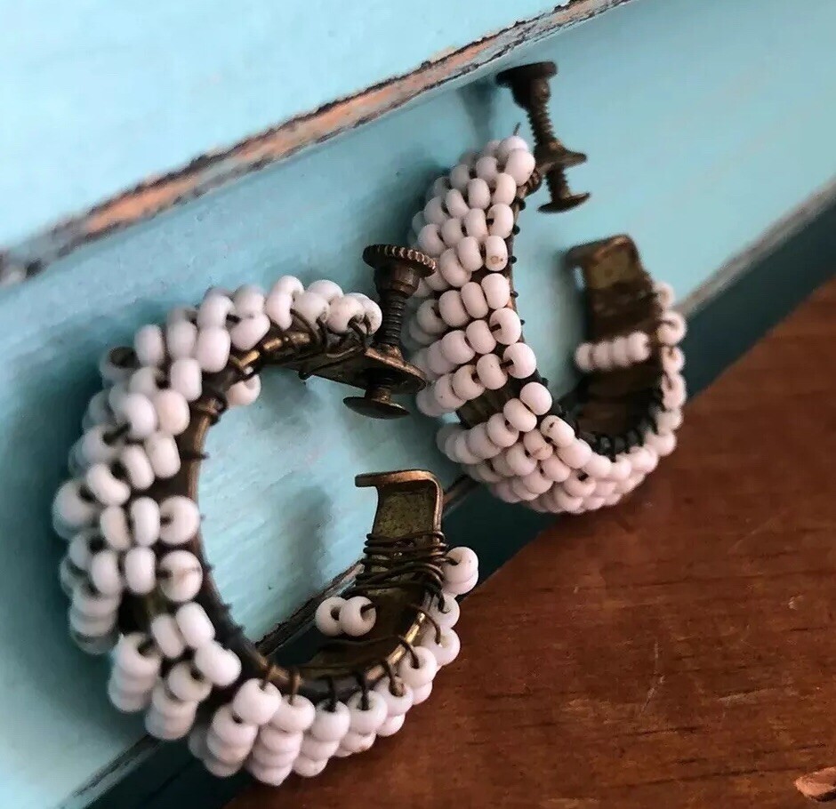 Vintage White Beaded Screwback Hoop Wire Wrapped Earrings