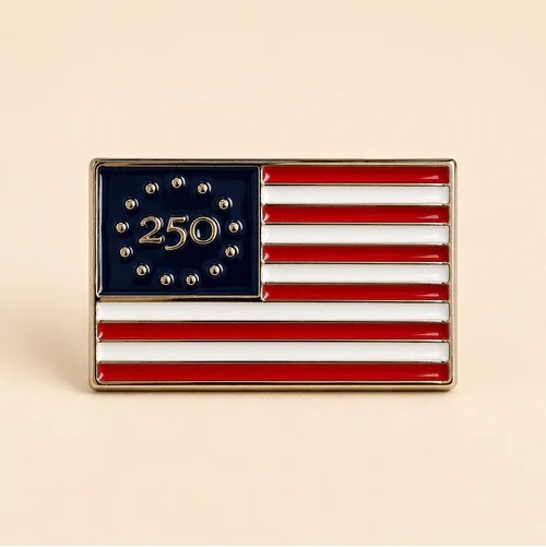 America 250th Anniversary Enamel Lapel Pin | Gold Flag with 13 Stars & 250 YEARS