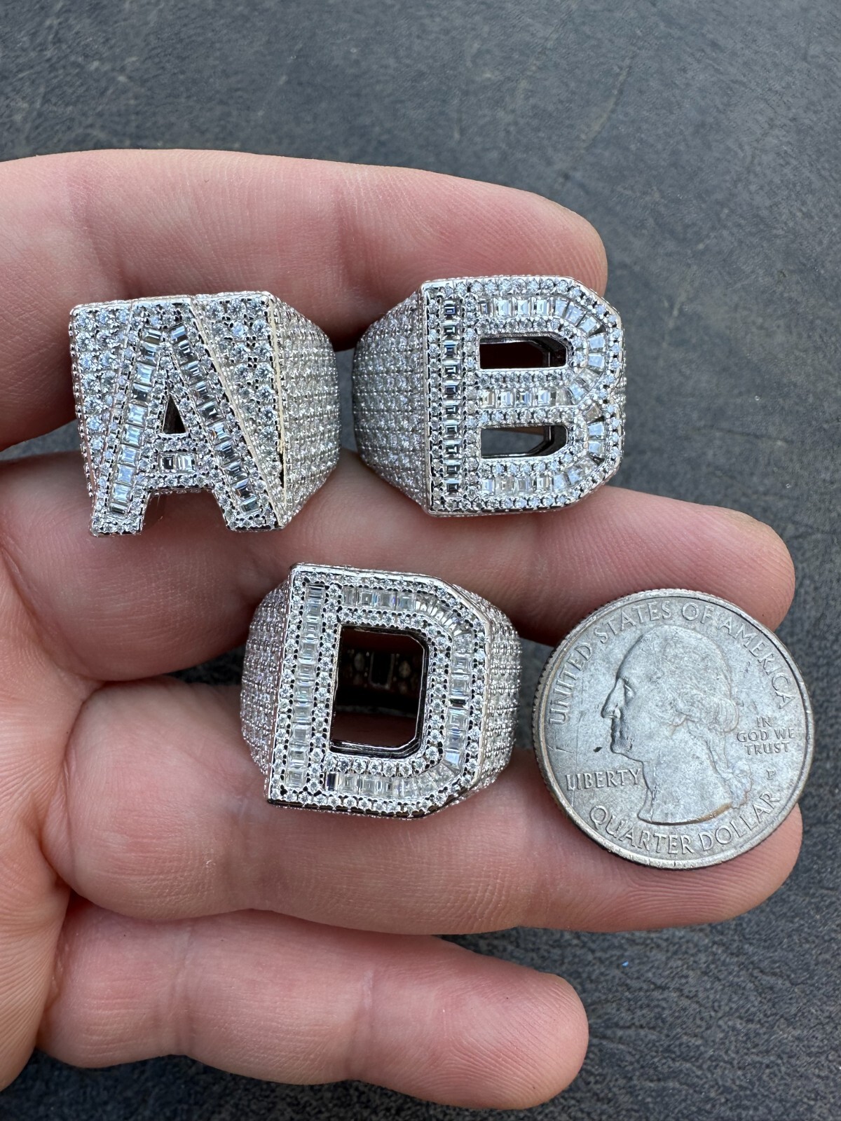 Real MOISSANITE Large Initial Letter Ring Iced Baguette Hip Hop 925 Silver A-Z