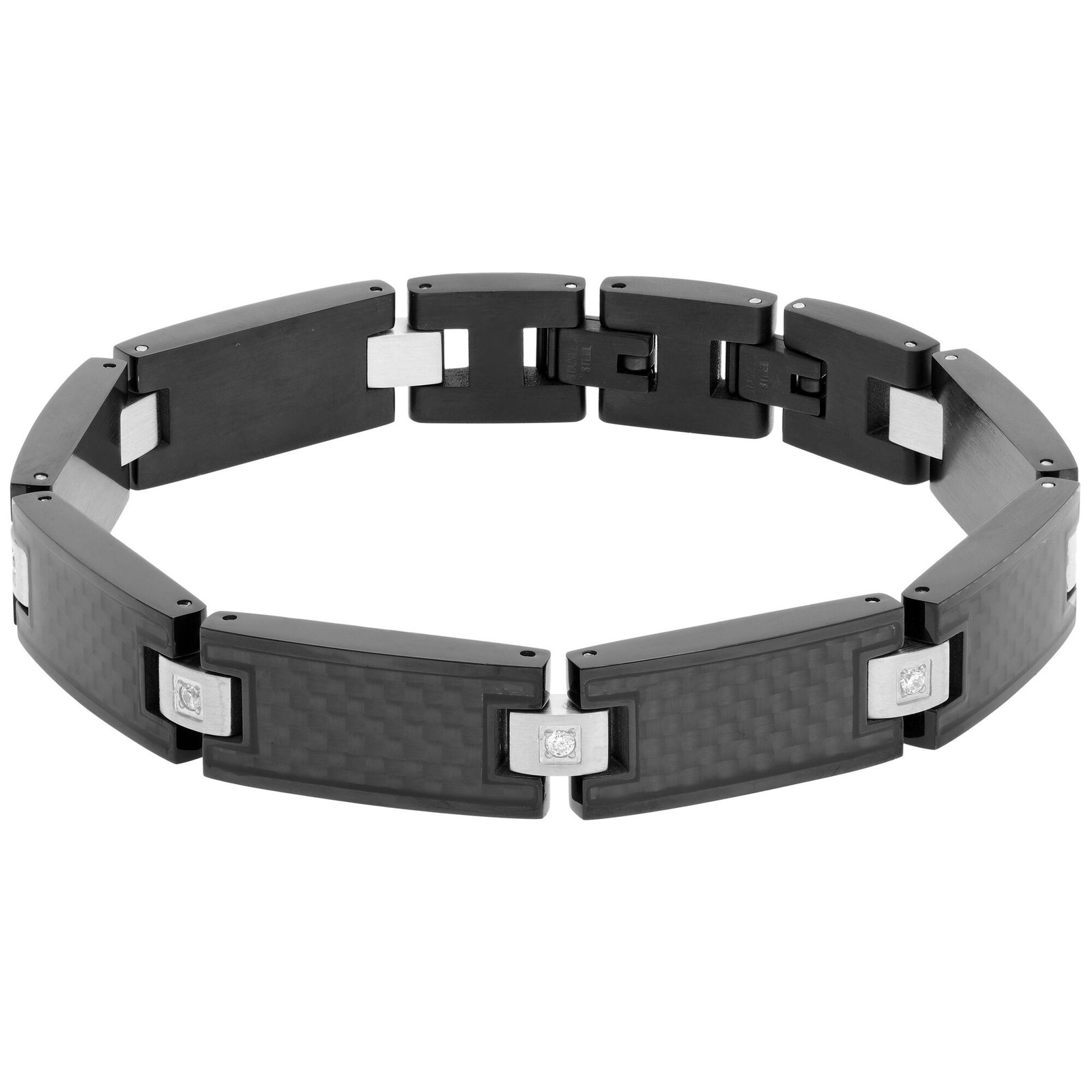 Black Ion Plated Stainless Steel Link Bracelet – Carbon Fiber & 0.12 CTW Diamond