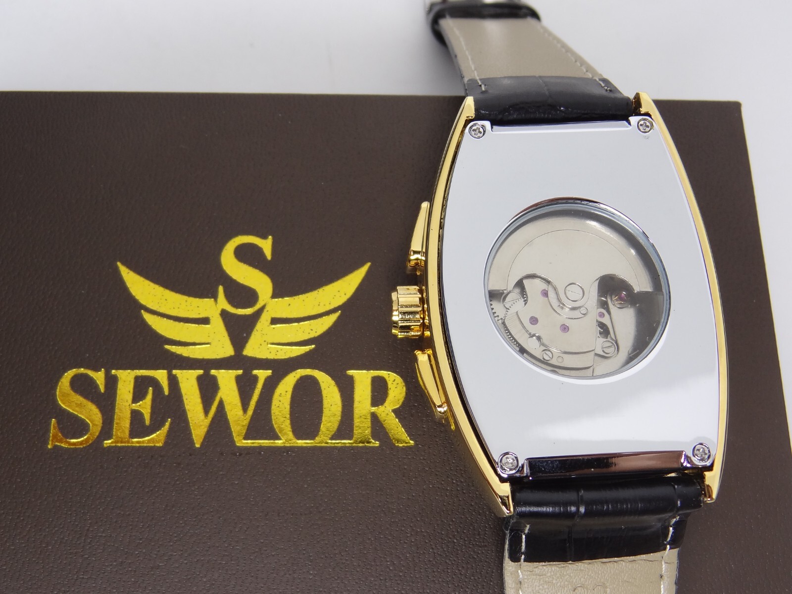 SEWOR Skeleton Watch Mechanical Automatic Self-Wind Leather Bracelet Moon Phase